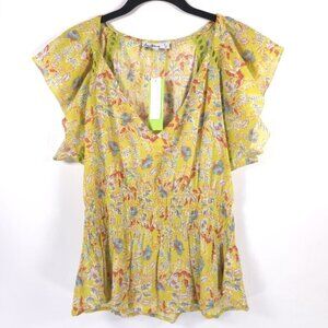 NWT Sam Edelman Nyra Cotton Flutter-Sleeve Top Blouse Peplum Waist Floral MEDIUM